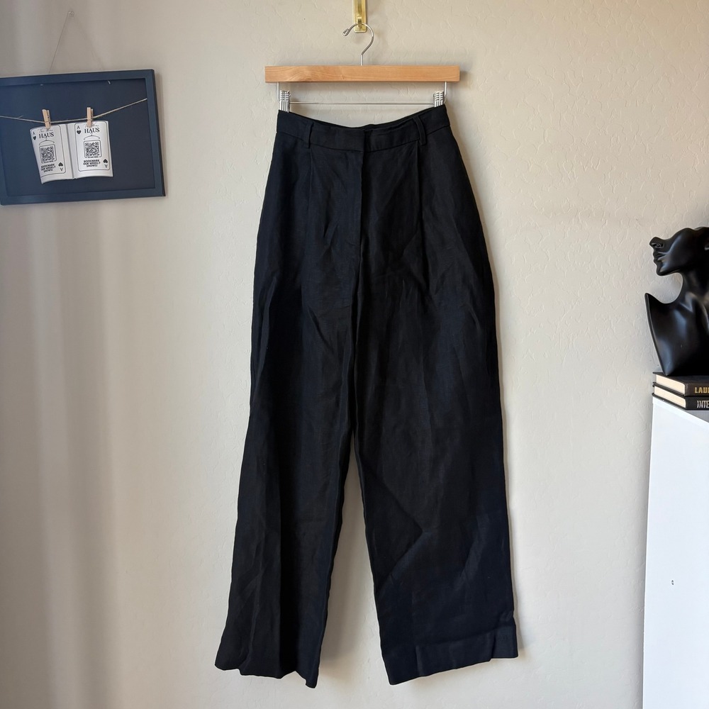 Posse Linen Trousers Wide Leg Pants Black Pleated Trousers Size XS